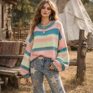 Talulah Boho Cozy Peach Green Striped Sweater Balloon Barrel Long Sleeve Size 1X